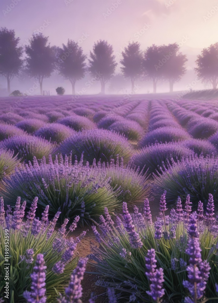 Obraz premium A misty morning in a field of fragrant purple lavender, soft colors, dew-kissed petals