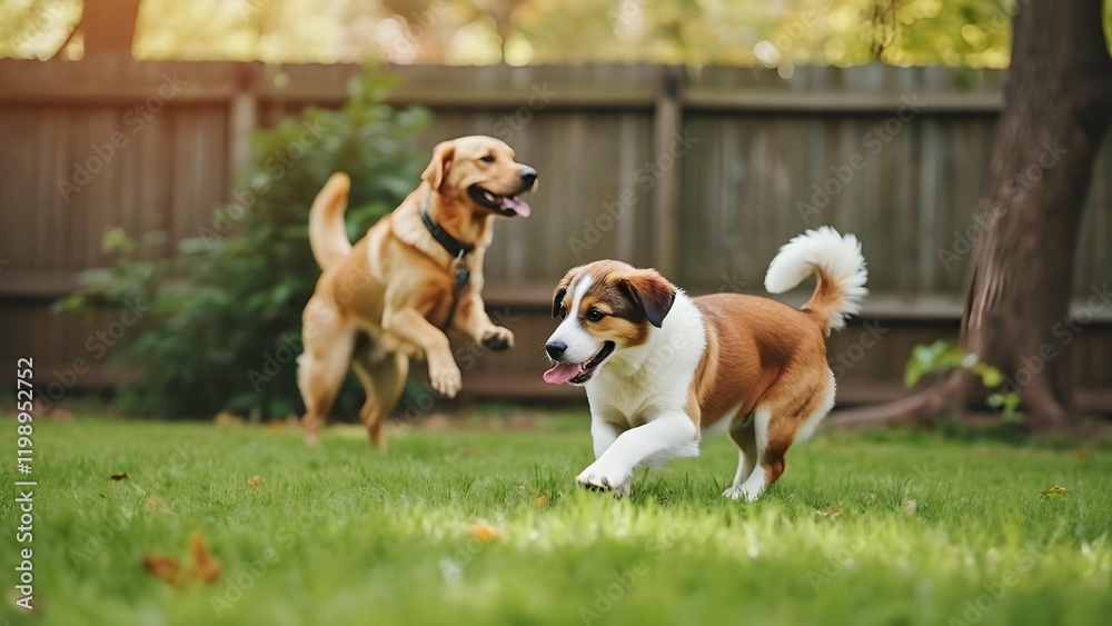 Two playful dogs running and frolicking in a fenced backyard garden - a yellow Labrador and a tricolor mixed breed enjoying outdoor playtime together Two playful dogs running and frolicking in a fenced backyard garden - a yellow Labrador and a tricolor mixed breed enjoying outdoor playtime together