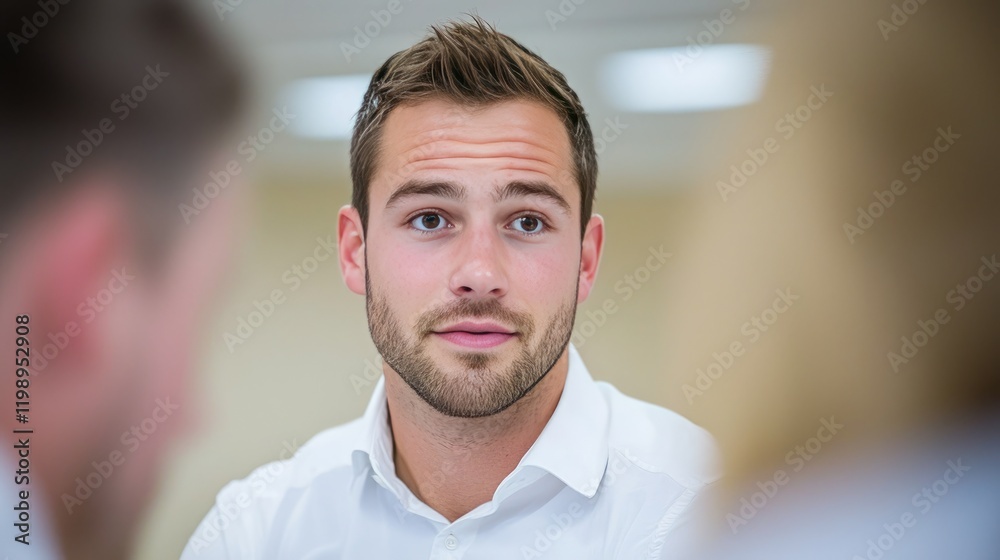 Obraz premium Focused man engaging in a professional discussion in an office.