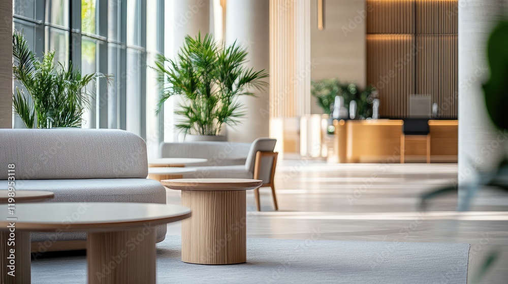Fototapeta premium Modern hotel lobby interior with minimalist design featuring stylish furniture in soft beige and natural wood tones with ample copy space and greenery.