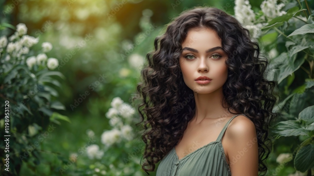 beautiful model girl, woman in green leaves portrait beautiful model girl, woman in green leaves portrait