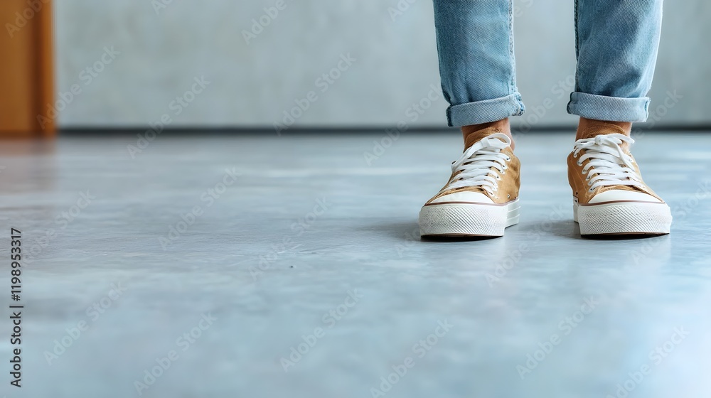 Stylish Casual Footwear Setup: A Close-Up of Sneakers on a Smooth Floor Ready for Movement. Physical Exercise with Cognitive Twist Concept