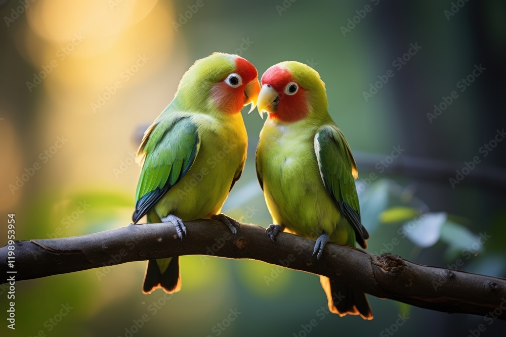 Obraz premium Agapornis bird lover colorful on branch. Two affectionate lovebirds perched on a branch in soft light.