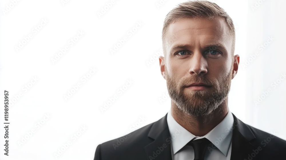Professional portrait of a bearded man in a black suit against a bright white background offering empty copy space for business text and branding. Professional portrait of a bearded man in a black suit against a bright white background offering empty copy space for business text and branding.