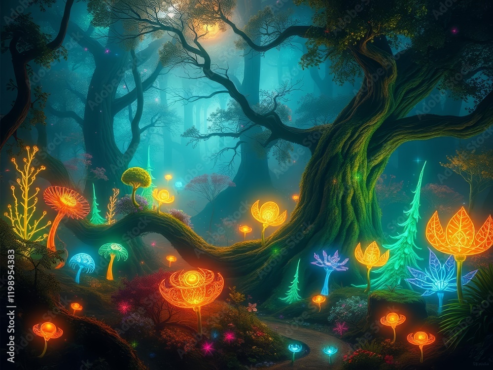 Fototapeta premium Mystical astral forests with vibrant, glowing flora and fauna, pulsating ethereal light