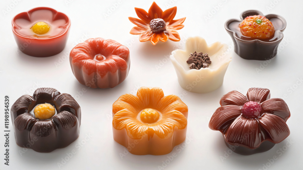 An assortment of pralines shaped like fruits and flowers, filled with chocolate mousse, hazelnut cream, and caramel, offering a combination of rich and smooth textures. An assortment of pralines shaped like fruits and flowers, filled with chocolate mousse, hazelnut cream, and caramel, offering a combination of rich and smooth textures.