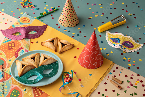 Vibrant purim celebration with colorful decorations and confetti for festive party.