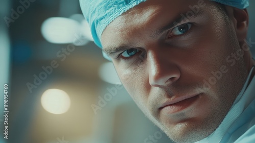 Close up of a focused male doctor in scrubs and a surgical cap in an office environment with blurred background and ample copy space for text photo