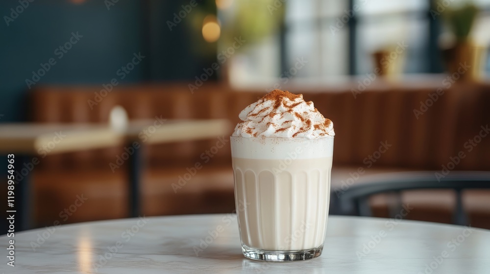 Charming close up of a cold milkshake with whipped cream and cinnamon presented on a marble table in a cozy summer cafe with warm lighting Charming close up of a cold milkshake with whipped cream and cinnamon presented on a marble table in a cozy summer cafe with warm lighting