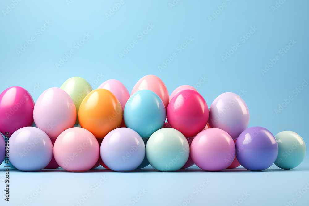 Creative Composition of Easter Eggs in Bright Colors Against Pastel Blue Creative Composition of Easter Eggs in Bright Colors Against Pastel Blue