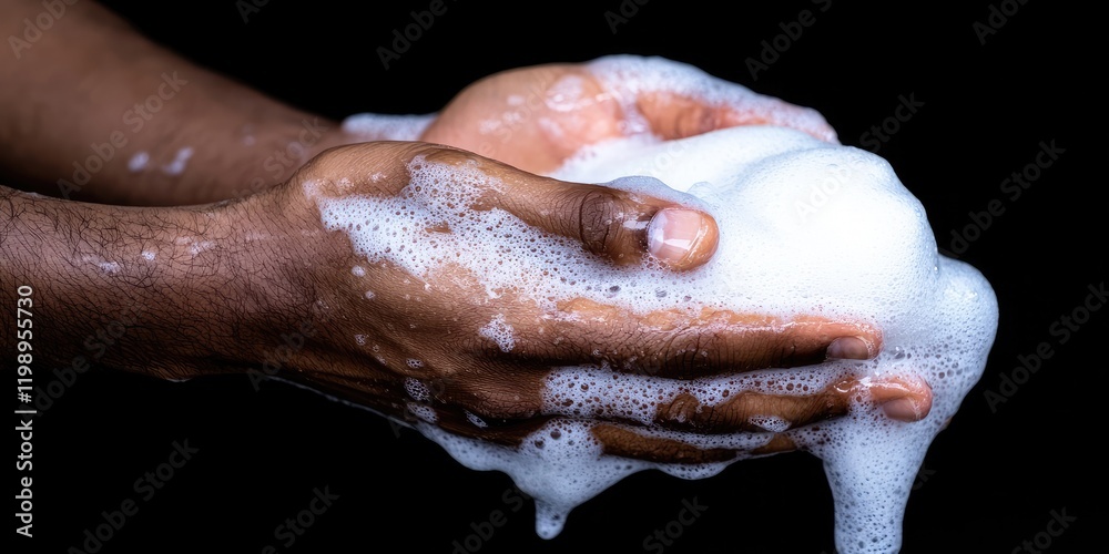 Fototapeta premium Hands holding soapy foam, symbolizing cleanliness and hygiene.