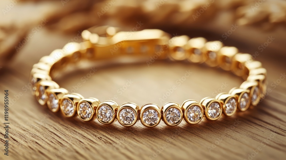 Elegant close-up of a gold bracelet adorned with shimmering diamonds against a natural wooden background with soft focus for text placement.