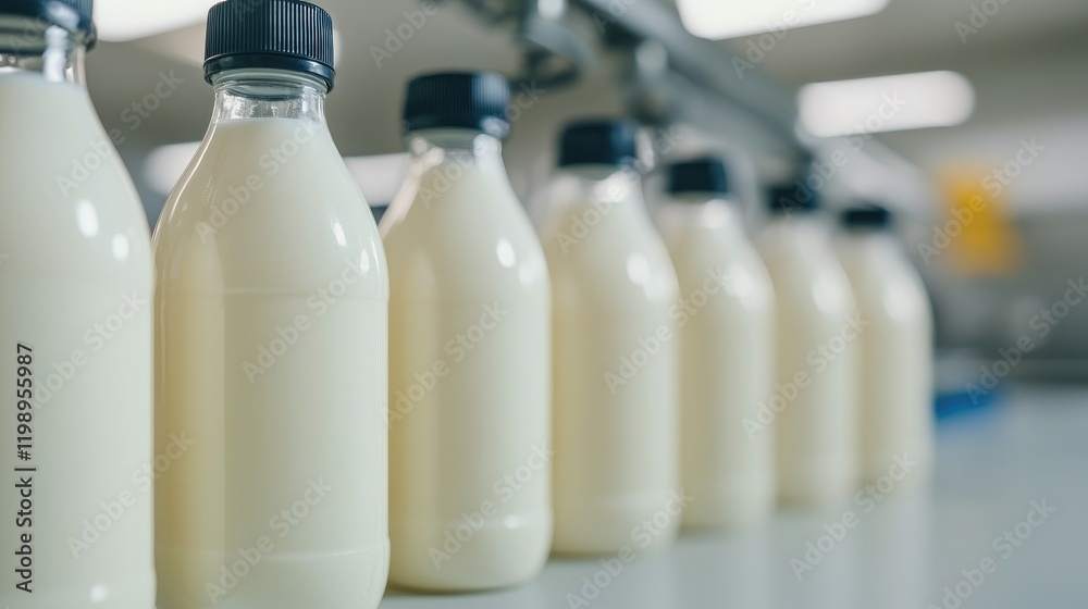 Line of milk bottles ready for distribution in a dairy factory. Line of milk bottles ready for distribution in a dairy factory.