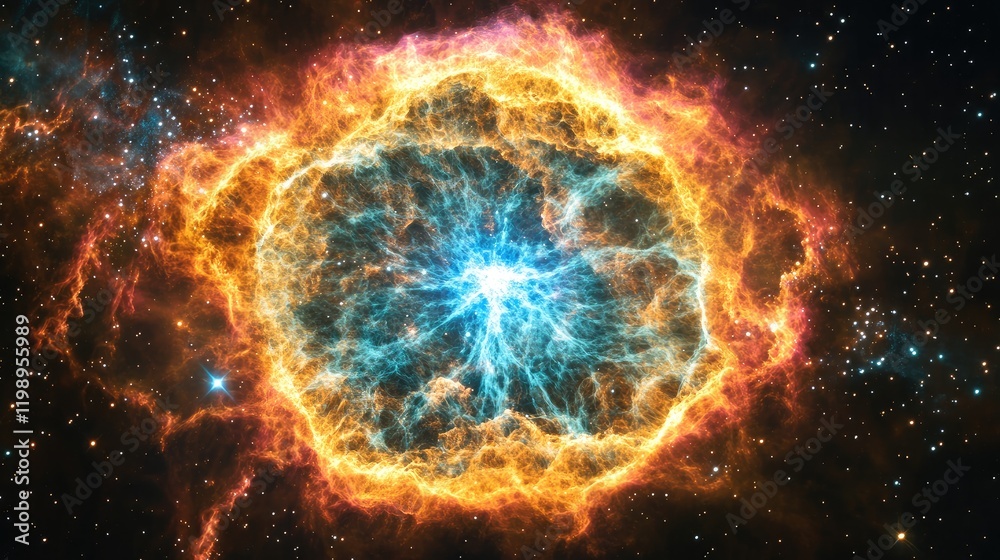 Fototapeta premium Vibrant Cosmic Nebula with Fiery Orange and Deep Blue Tones in Outer Space Illuminating the Galactic Background Ideal for Inspirational Text Copy Space
