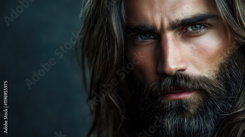 Intense Close-Up Portrait of Handsome Man with Flowing Long Hair and Full Beard against Dark Background Ideal for Men's Grooming Products with Copy Space
