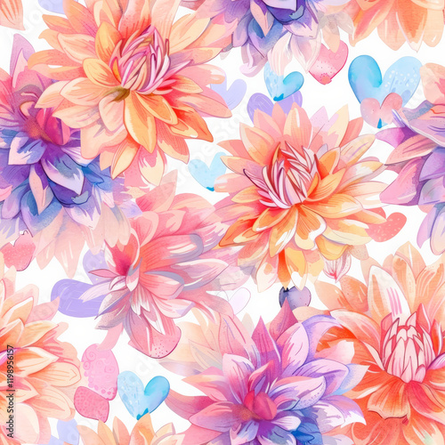 Seamless watercolor pattern of pastel dahlias with vibrant colors and shapes