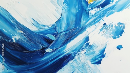 Abstract blue paint strokes on white canvas with dynamic texture and vibrant color details featuring ample copy space for text inclusion.