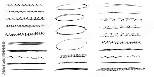 Underline mark border doodle hand drawn mark, swoosh highlight freehand brush. Grunge scribble curvy symbol. Marker check figure.