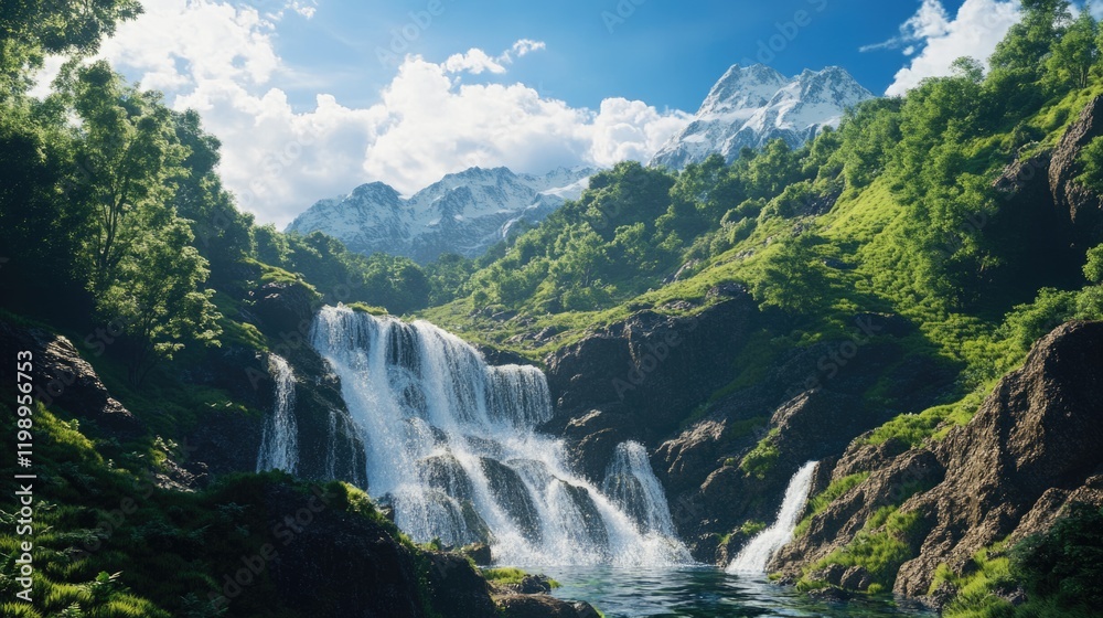 Fototapeta premium Waterfall cascading down rocky terrain surrounded by vibrant greenery and majestic mountains under a bright sky with fluffy clouds Copy Space