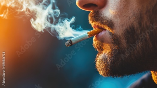 Close up profile of a man with a beard smoking a cigarette exhaling curling smoke against a gradient blue and orange background with copy space photo