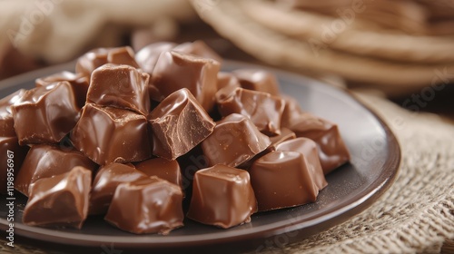Gourmet chocolate pieces arranged on a plate with space for text or branding, suitable for culinary or dessert-themed use.