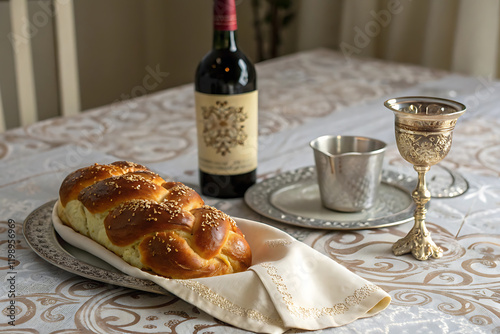 Purim celebration with wine and challah spread on decorative table setting. photo