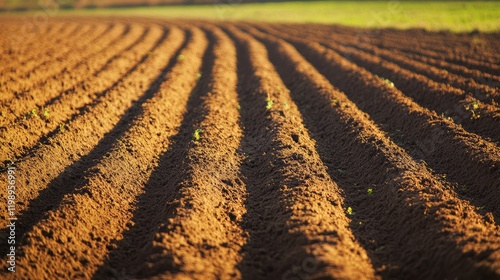 Close up of Rich Brown Freshly Tilled Soil with Textured Rows in Sunlit Agricultural Field and Empty Copy Space for Natural Agriculture Themes photo