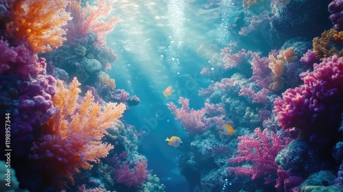 Close up view of colorful coral reef with diverse marine life under sunlight in clear blue water featuring ample copy space for text