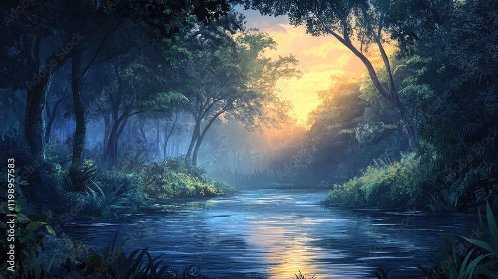 Serene forest landscape with a river at sunrise, lush greenery, soft lighting, and a calm atmosphere, Copy Space available