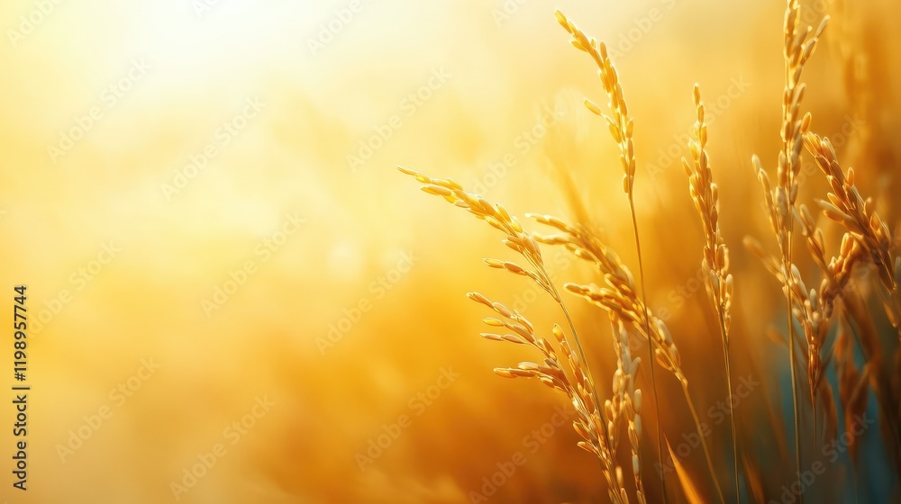 Golden rice grains close up in a sunlit field with soft bokeh effect and vibrant warm hues, ideal for text overlay and agricultural concepts. Golden rice grains close up in a sunlit field with soft bokeh effect and vibrant warm hues, ideal for text overlay and agricultural concepts.