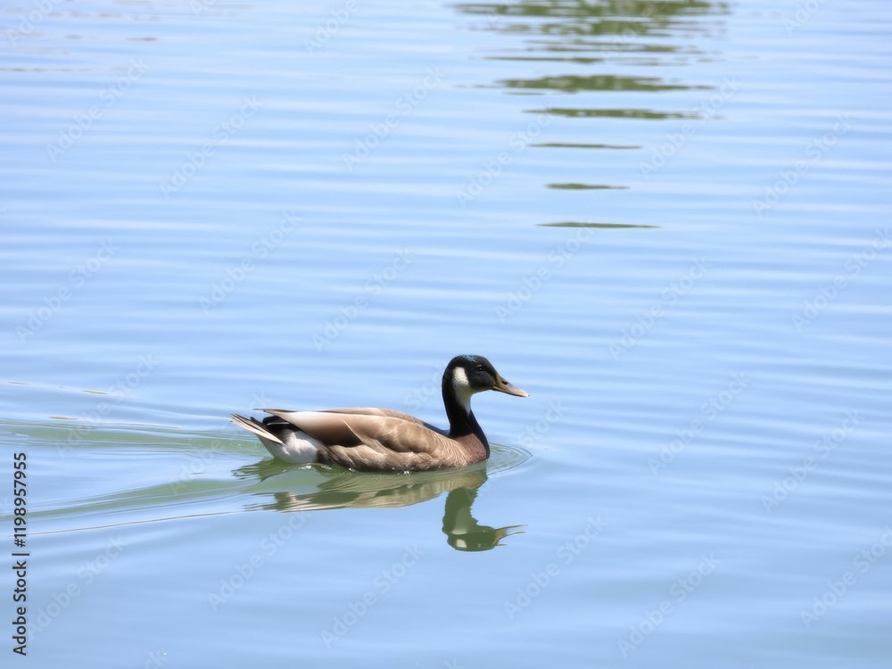 Serene coastal birdwatching spot with a duck swimming calmly Serene coastal birdwatching spot with a duck swimming calmly