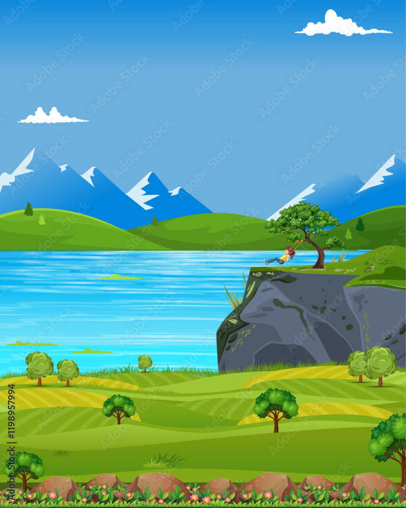 Fototapeta premium landscape with mountains and sky & a girl swinging