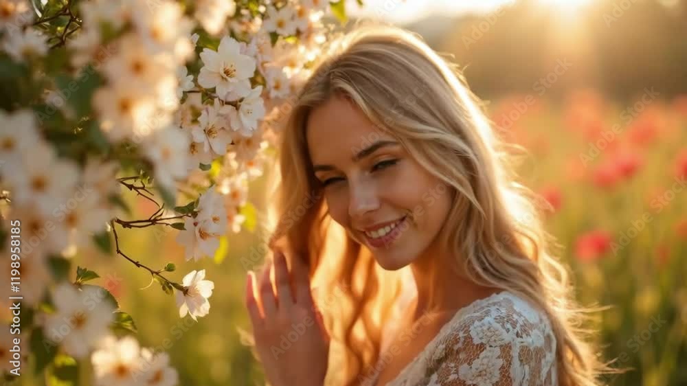 Smiling woman surrounded by blooming flowers in a golden meadow during sunset Smiling woman surrounded by blooming flowers in a golden meadow during sunset