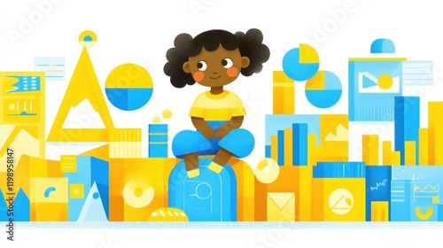 Wallpaper Mural Cheerful Child Sitting on Colorful Geometric Shapes and Charts Torontodigital.ca