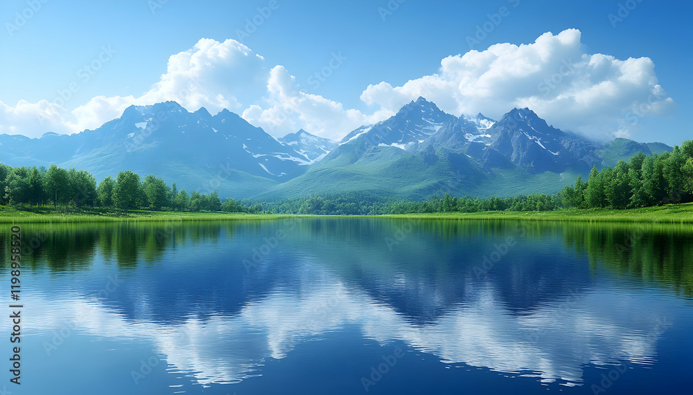 Fototapeta premium Mountain lake reflection, summer serenity