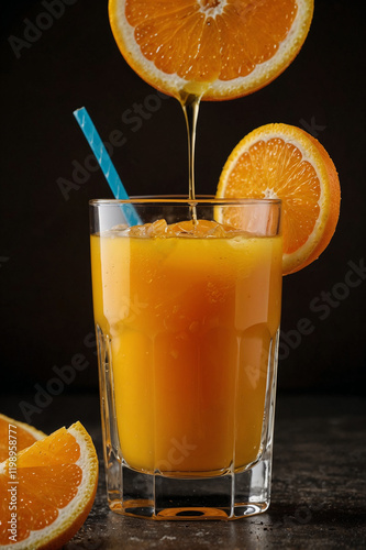 A glass of orange juice with a slice of orange.