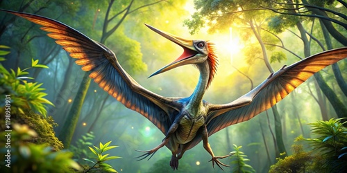 Majestic Quetzalcoatlus Landing: Giant Pterosaur with Detailed Wings, Bokeh Background photo