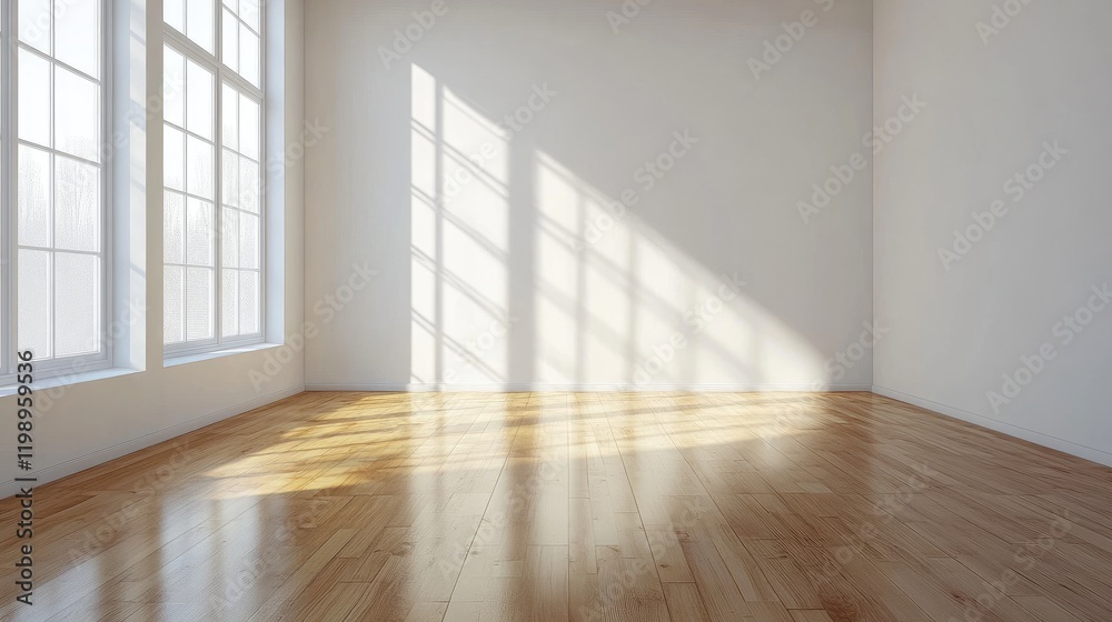 Obraz premium Empty interior room with wooden floor and sunlight casting shadows through large windows Copy Space