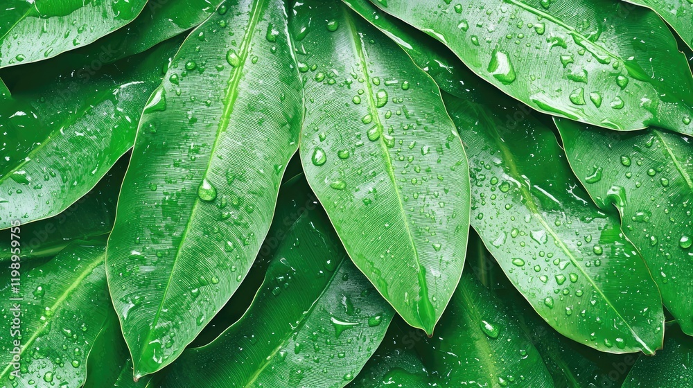 Fototapeta premium Detail shot of vibrant green banana leaves covered in water droplets, featuring textured surfaces and ample negative space for overlaying text.