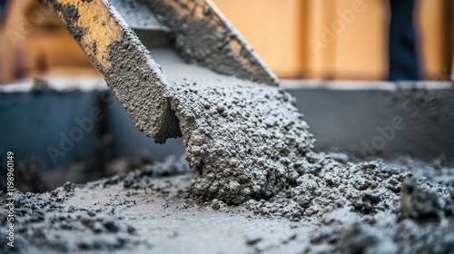 Construction site with concrete being poured from a chute into a foundation frame showing textured surface and copy space for text. photo