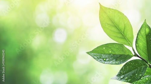 Close up of vibrant green leaves with water droplets on a blurred green background natural ecology concept with ample copy space for text