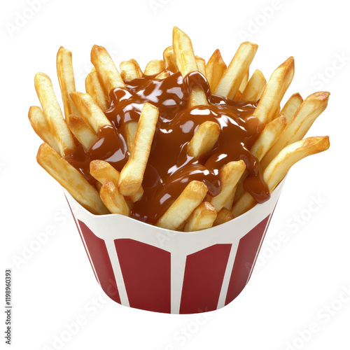 Delicious golden fries topped with rich brown gravy in a classic red and white container.