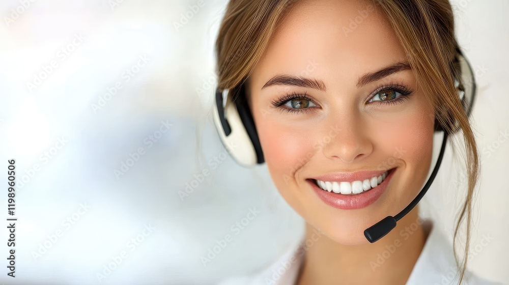 Customer service representative with headset smiling, focused camera angle, soft background colors, ideal for adding text or graphics. Customer service representative with headset smiling, focused camera angle, soft background colors, ideal for adding text or graphics.