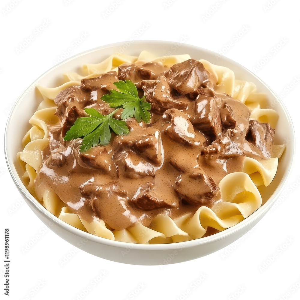 Delicious pasta topped with rich beef stroganoff sauce and fresh parsley garnish. Delicious pasta topped with rich beef stroganoff sauce and fresh parsley garnish.
