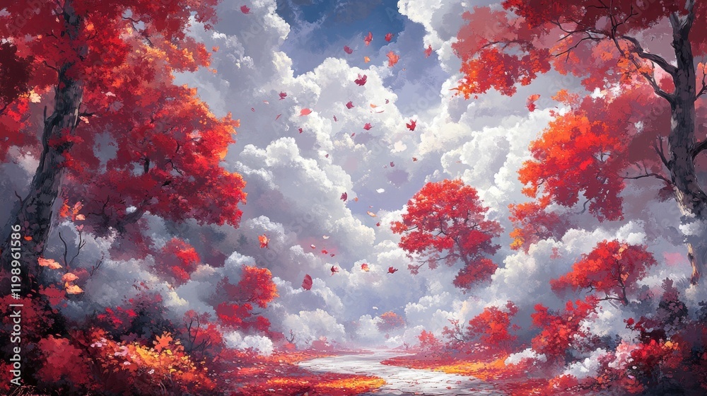 Vibrant Autumn Landscape with Colorful Trees and Dramatic Clouds Vibrant Autumn Landscape with Colorful Trees and Dramatic Clouds