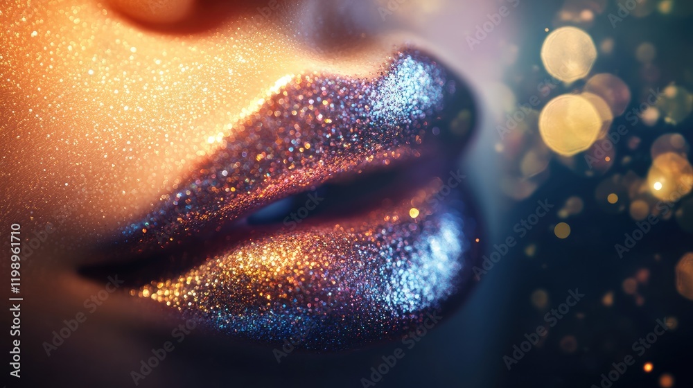 Sparkling Glittery Lips with Iridescent Shine in a Soft Focus Background of Warm Bokeh Lights and Rich Color Tones for Copy Space Sparkling Glittery Lips with Iridescent Shine in a Soft Focus Background of Warm Bokeh Lights and Rich Color Tones for Copy Space