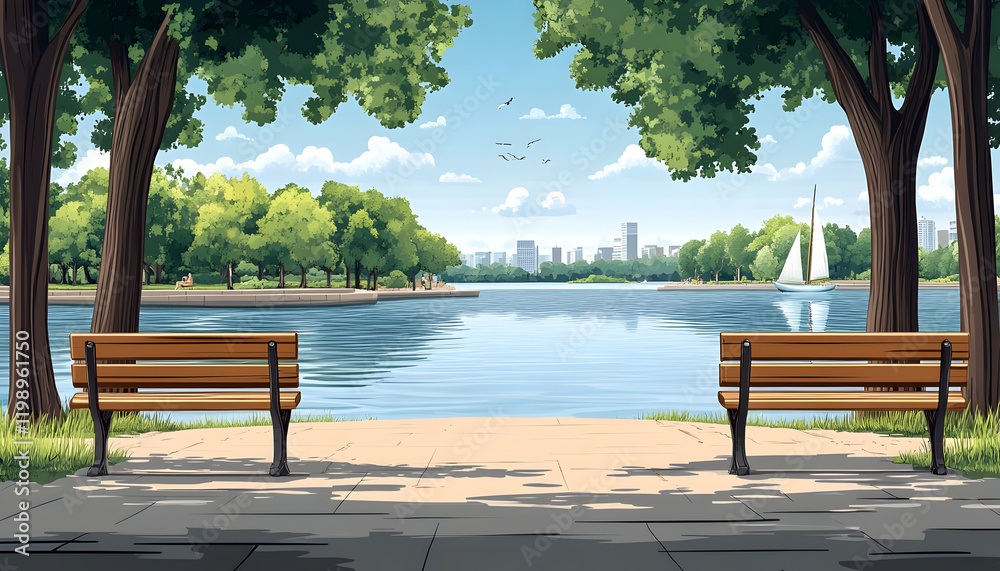 Obraz premium Park lake benches city view summer serenity