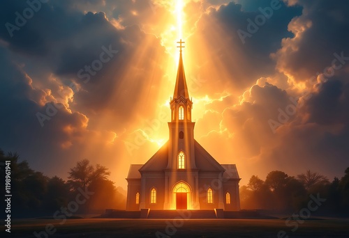 Majestic Church Sunset Divine Light Dramatic Scene photo