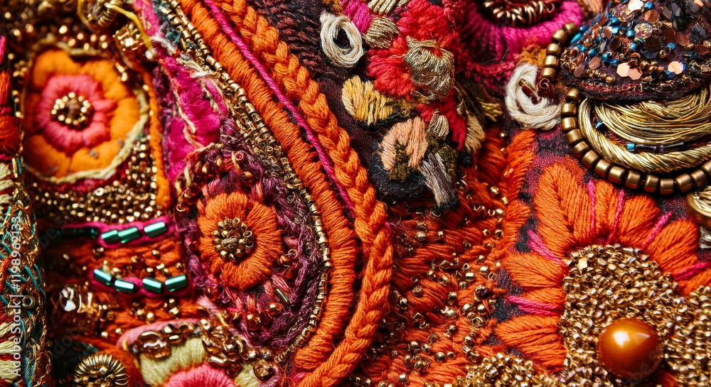 Intricate Textile Embroidery with Vibrant Patterns and Beads Intricate Textile Embroidery with Vibrant Patterns and Beads