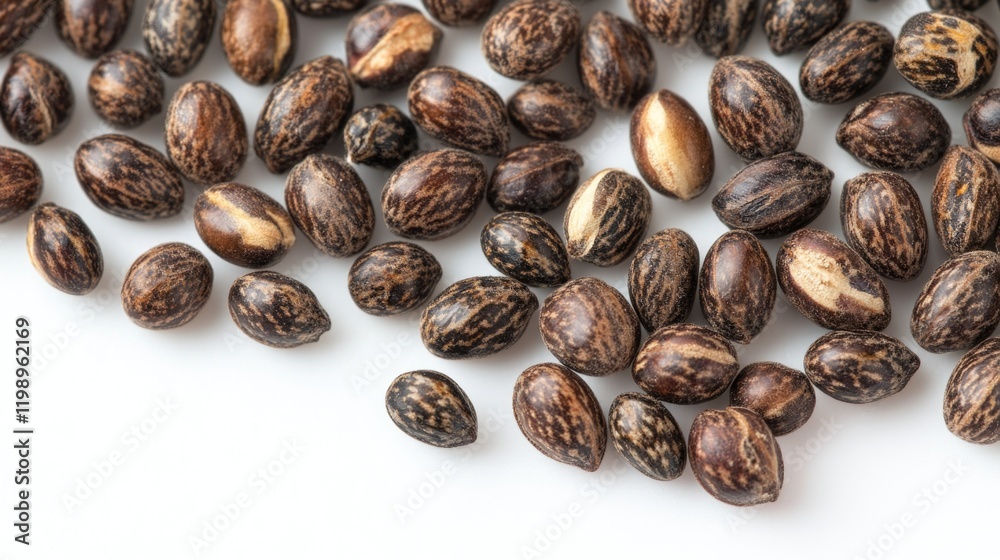 Close-up view of numerous castor seeds on a white background with ample copy space for text insertion Close-up view of numerous castor seeds on a white background with ample copy space for text insertion